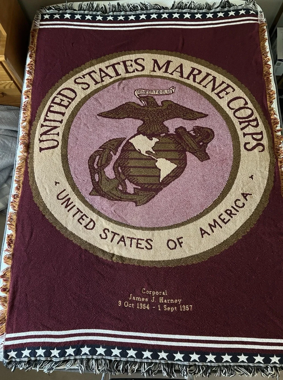 US Marine Corps USMC Personalized Military Veteran Woven Throw Blanket 48x68 VTG